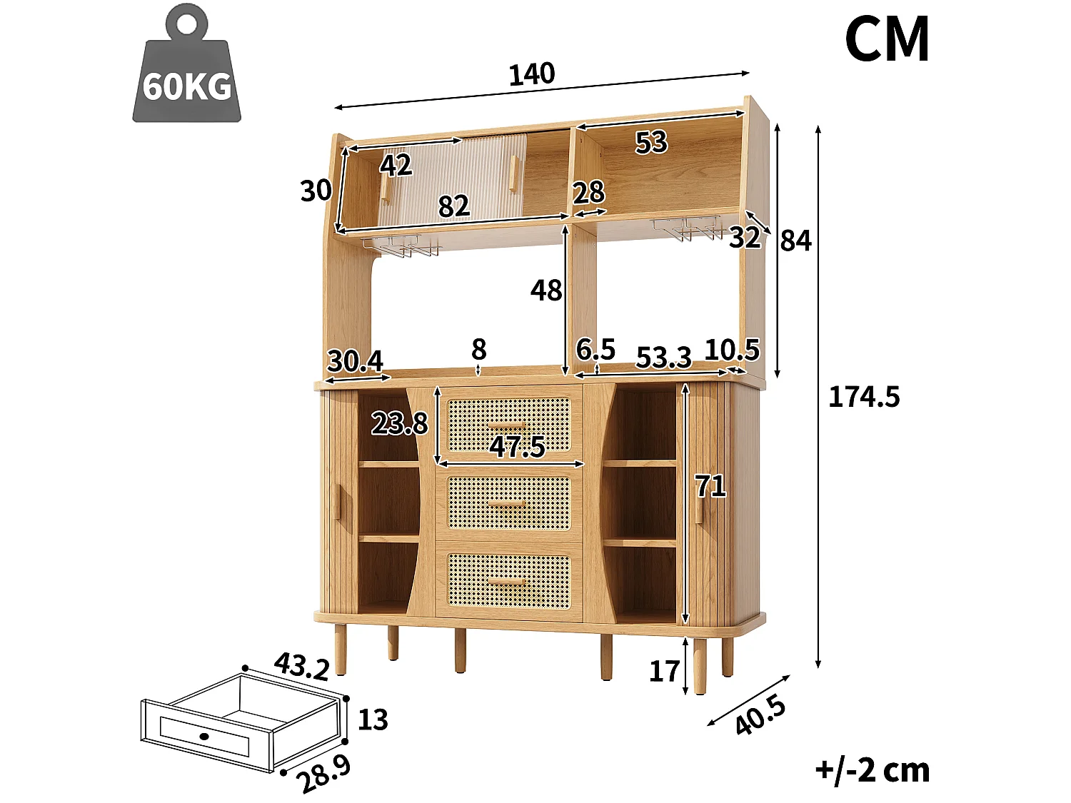 Buffet de cuisine avec portes coulissantes et 3 tiroirs en aspec rotin - Naturel clair