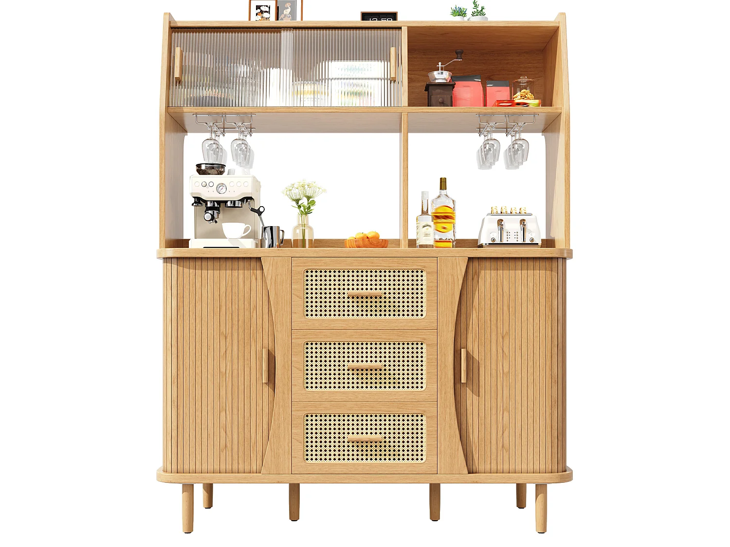 Buffet de cuisine avec portes coulissantes et 3 tiroirs en aspec rotin - Naturel clair