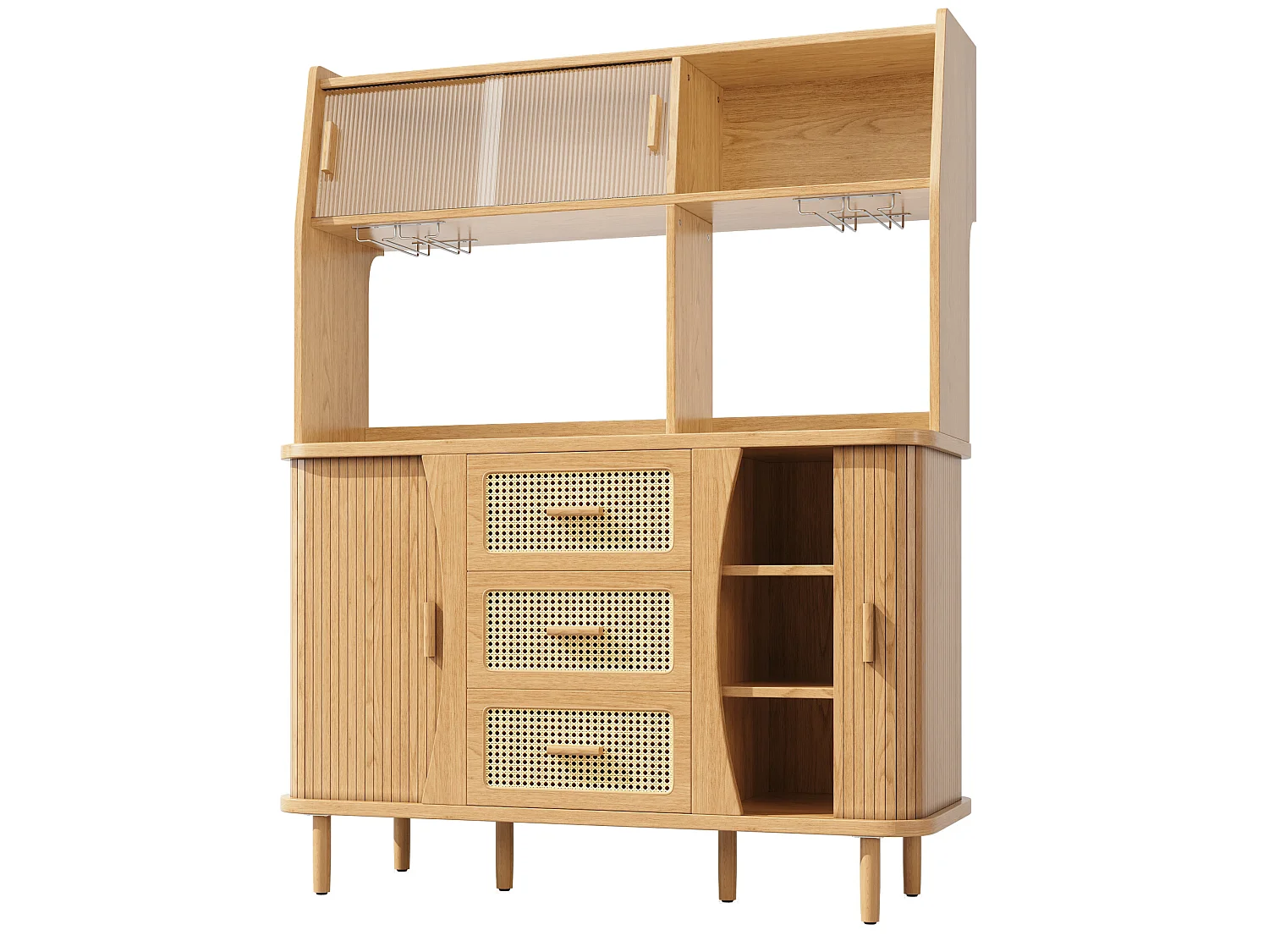 Buffet de cuisine avec portes coulissantes et 3 tiroirs en aspec rotin - Naturel clair