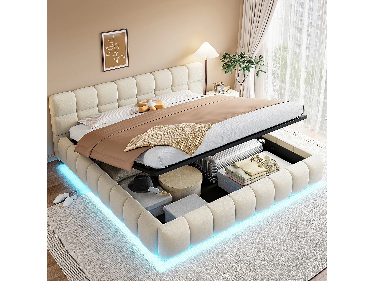 Lit coffre adulte 180 x 200 cm avec LED - Lit double en velours beige