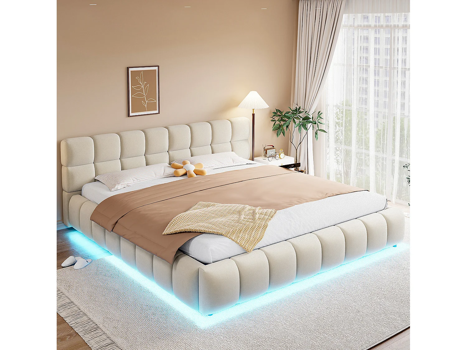 Lit coffre adulte 180 x 200 cm avec LED - Lit double en velours beige