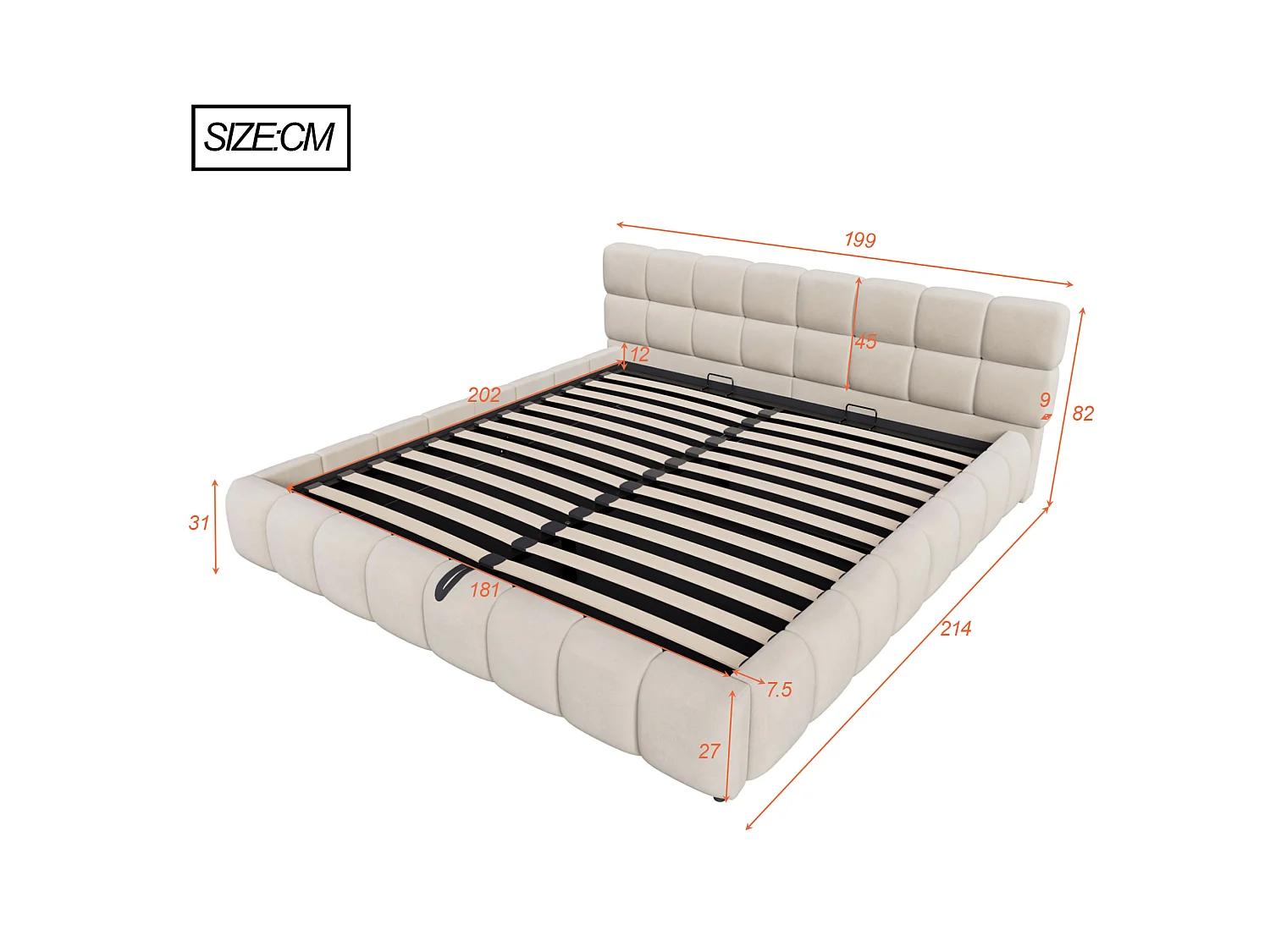 Lit coffre adulte 180 x 200 cm avec LED - Lit double en velours beige
