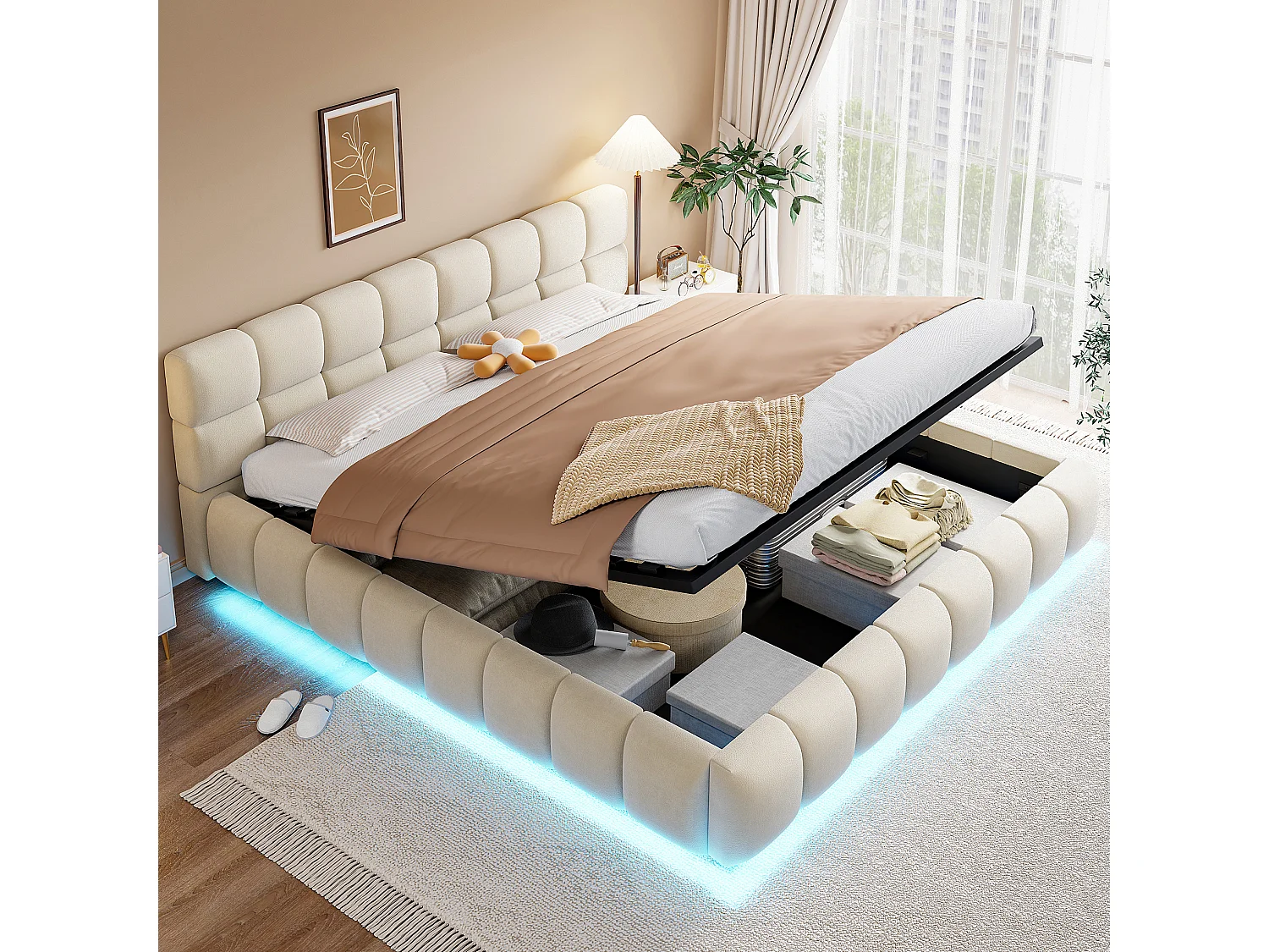 Lit coffre adulte 180 x 200 cm avec LED - Lit double en velours beige