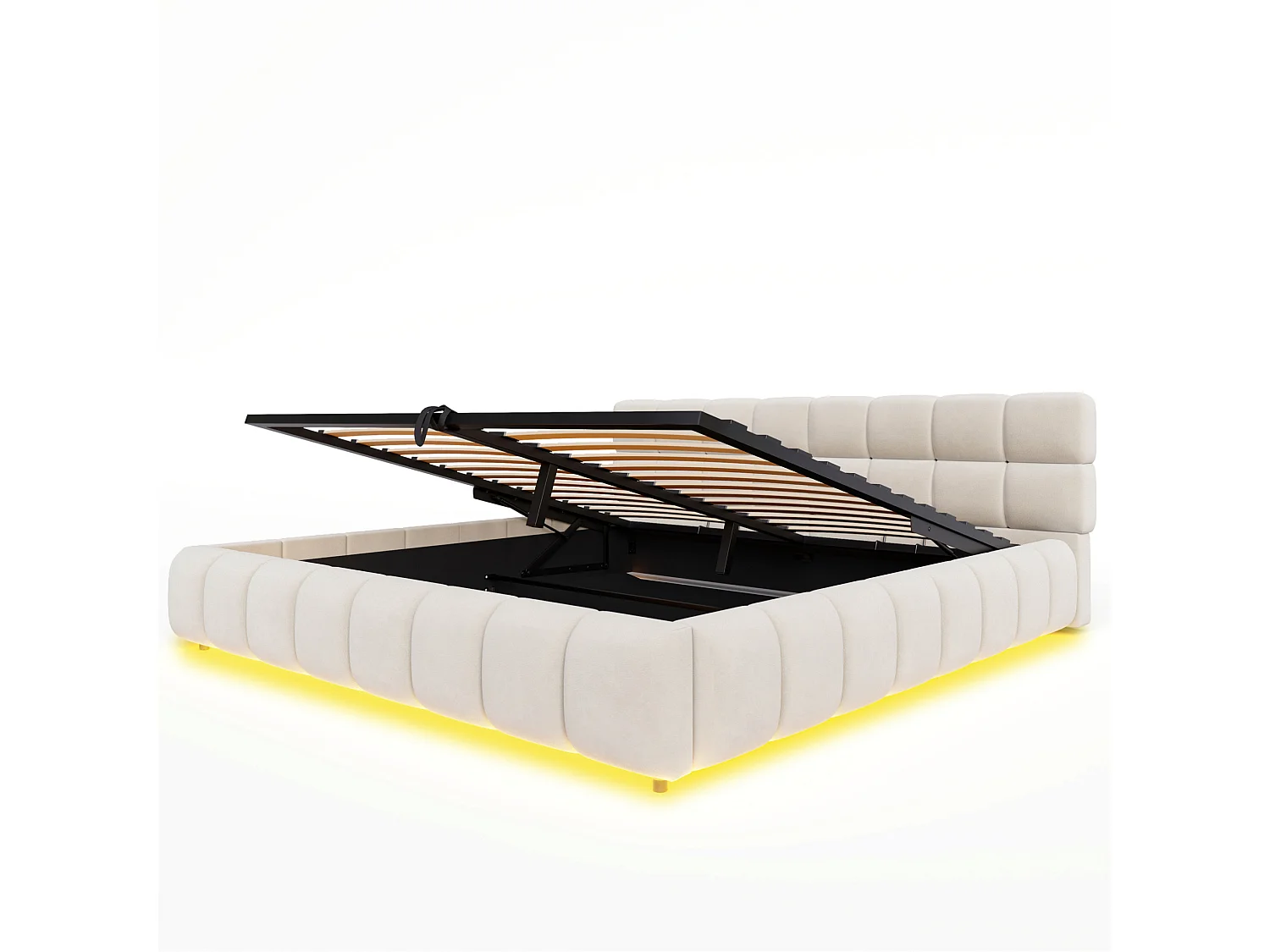 Lit coffre adulte 180 x 200 cm avec LED - Lit double en velours beige