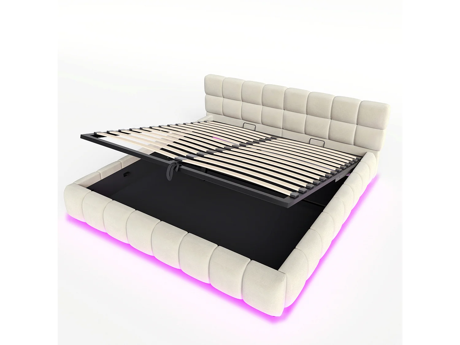 Lit coffre adulte 180 x 200 cm avec LED - Lit double en velours beige