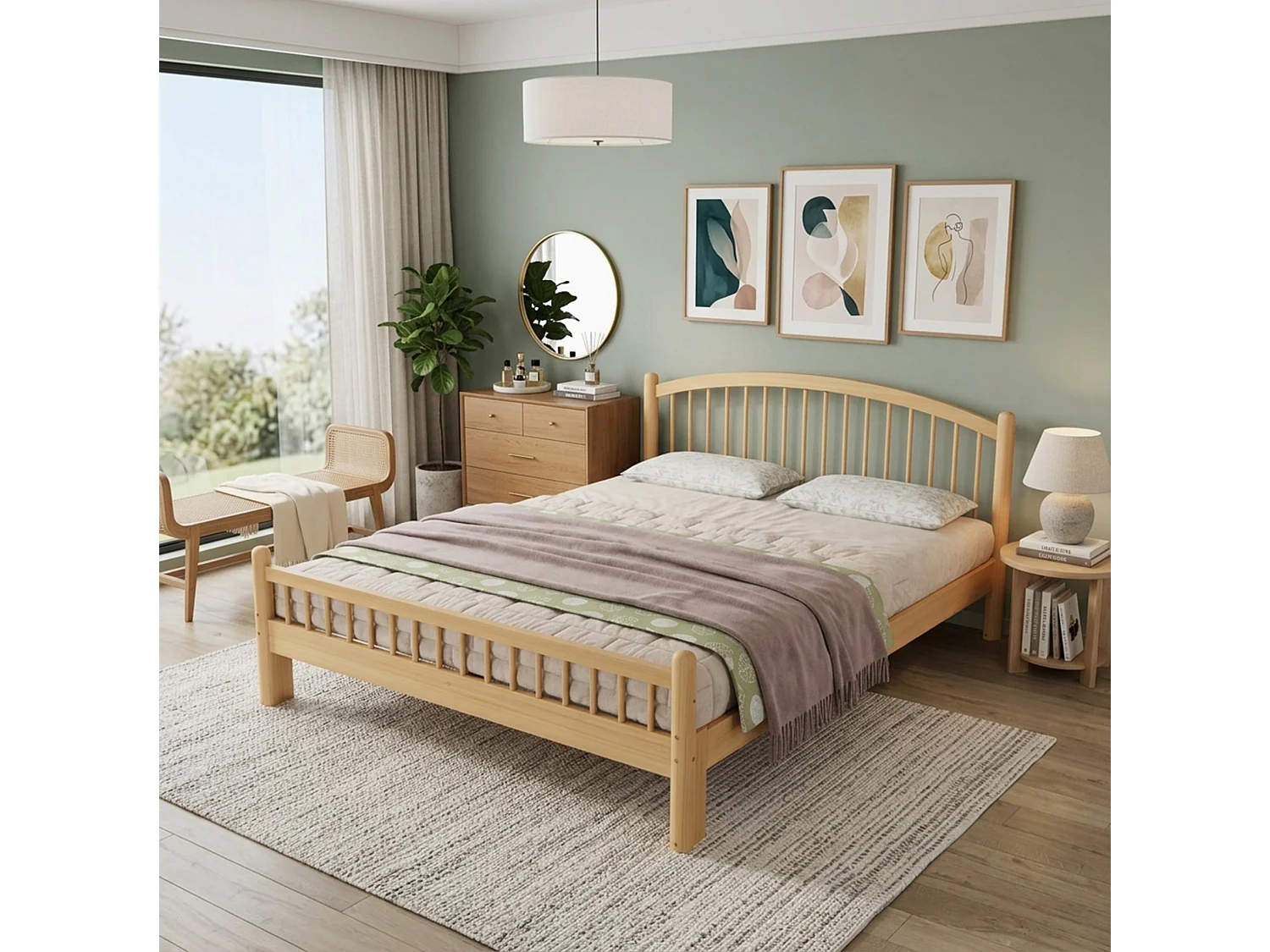 Lit adulte en bois 140 x 200 cm avec tête de lit classique à lattes - Naturel clair