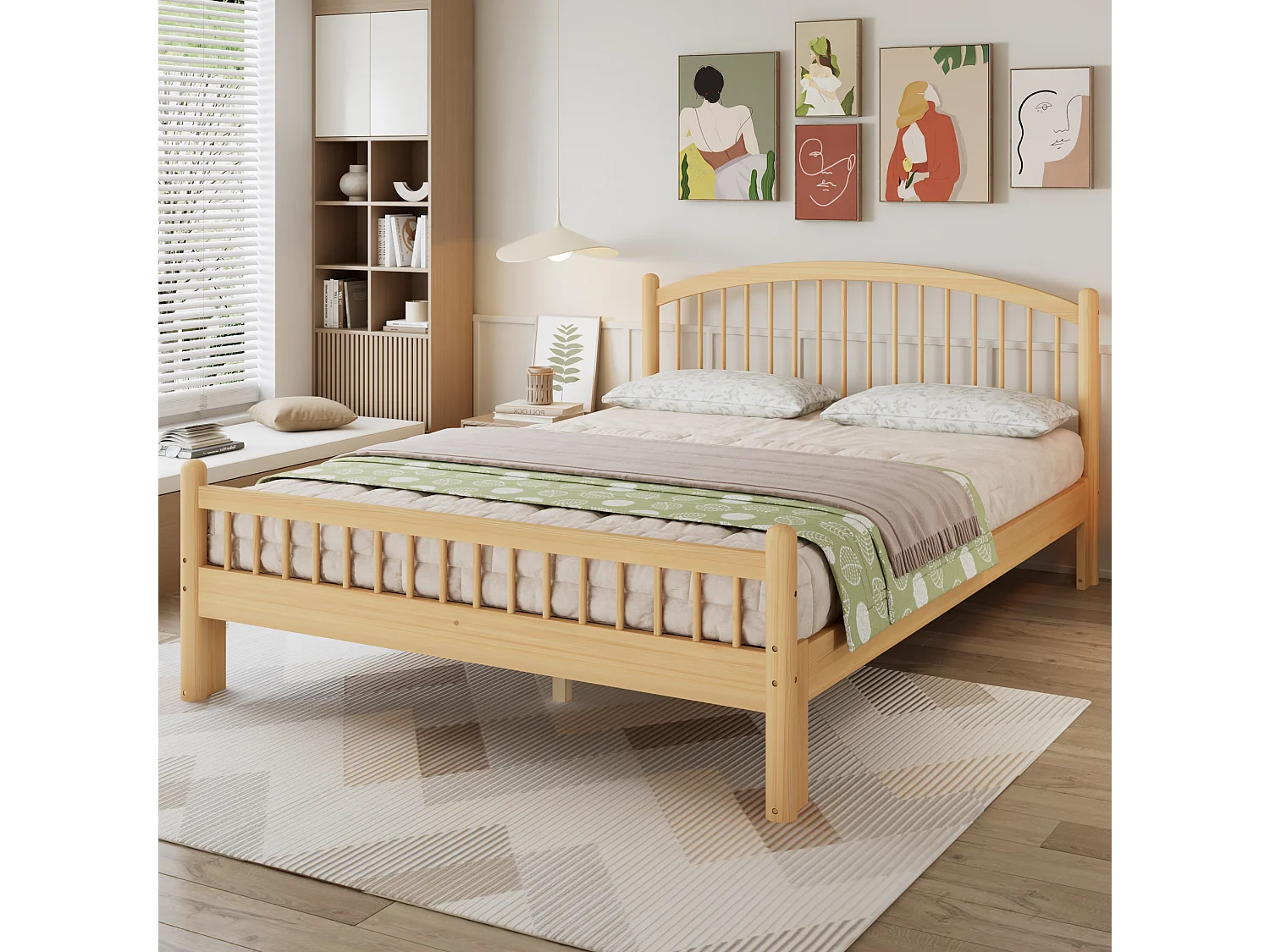 Lit adulte en bois 140 x 200 cm avec tête de lit classique à lattes - Naturel clair