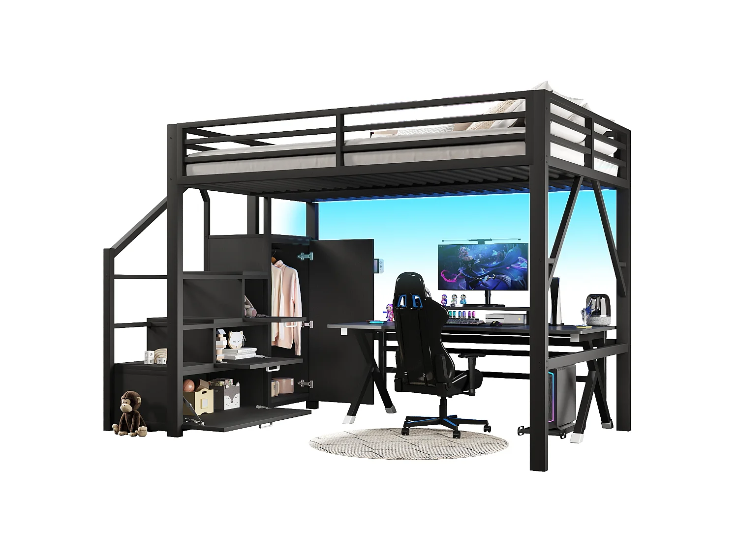 Letto a soppalco per bambini 140x200 cm con contenitore e armadio - Metallo e legno MDF - Nero