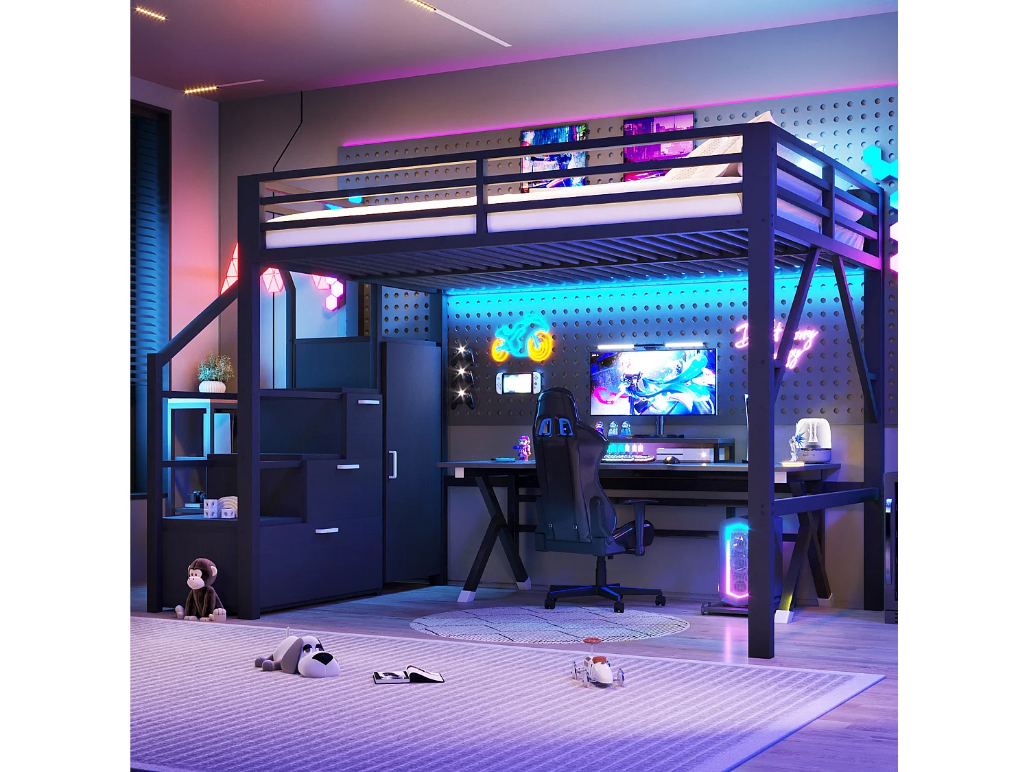 Letto a soppalco per bambini 140x200 cm con contenitore e armadio - Metallo e legno MDF - Nero
