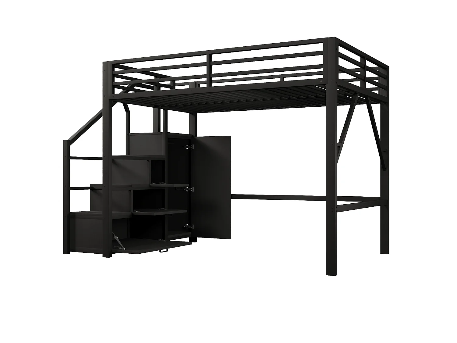Letto a soppalco per bambini 140x200 cm con contenitore e armadio - Metallo e legno MDF - Nero