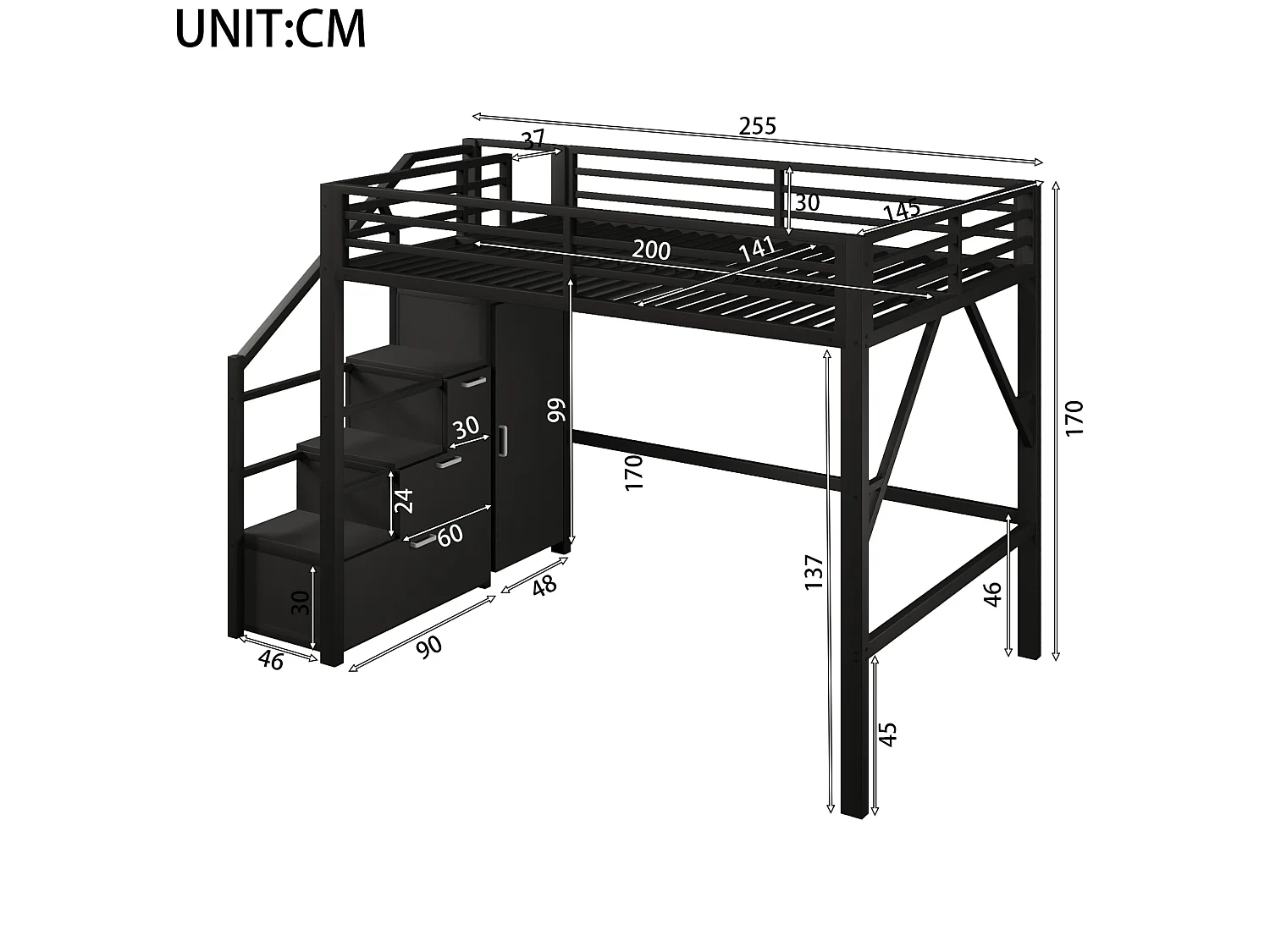 Letto a soppalco per bambini 140x200 cm con contenitore e armadio - Metallo e legno MDF - Nero