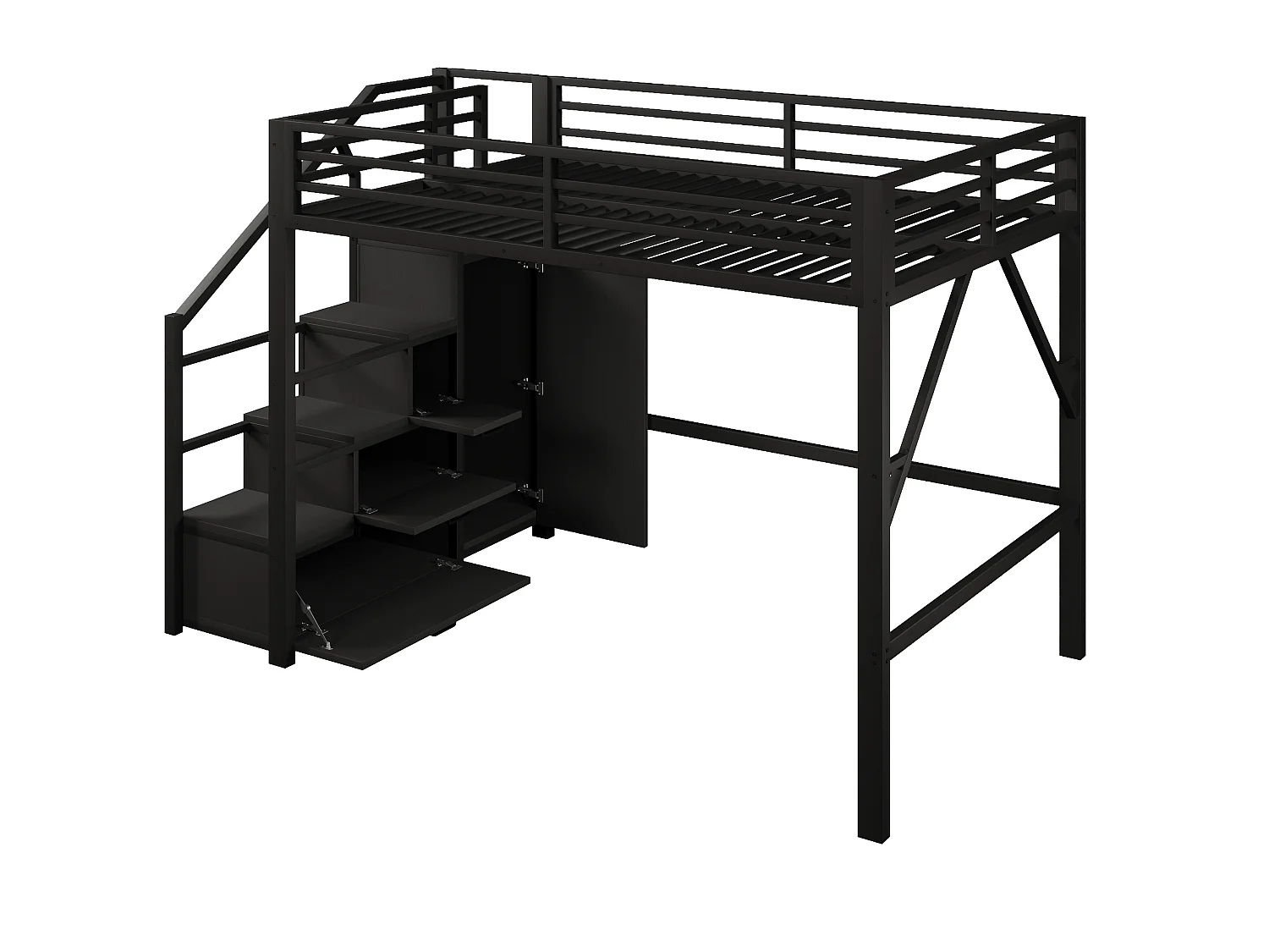 Letto a soppalco per bambini 140x200 cm con contenitore e armadio - Metallo e legno MDF - Nero
