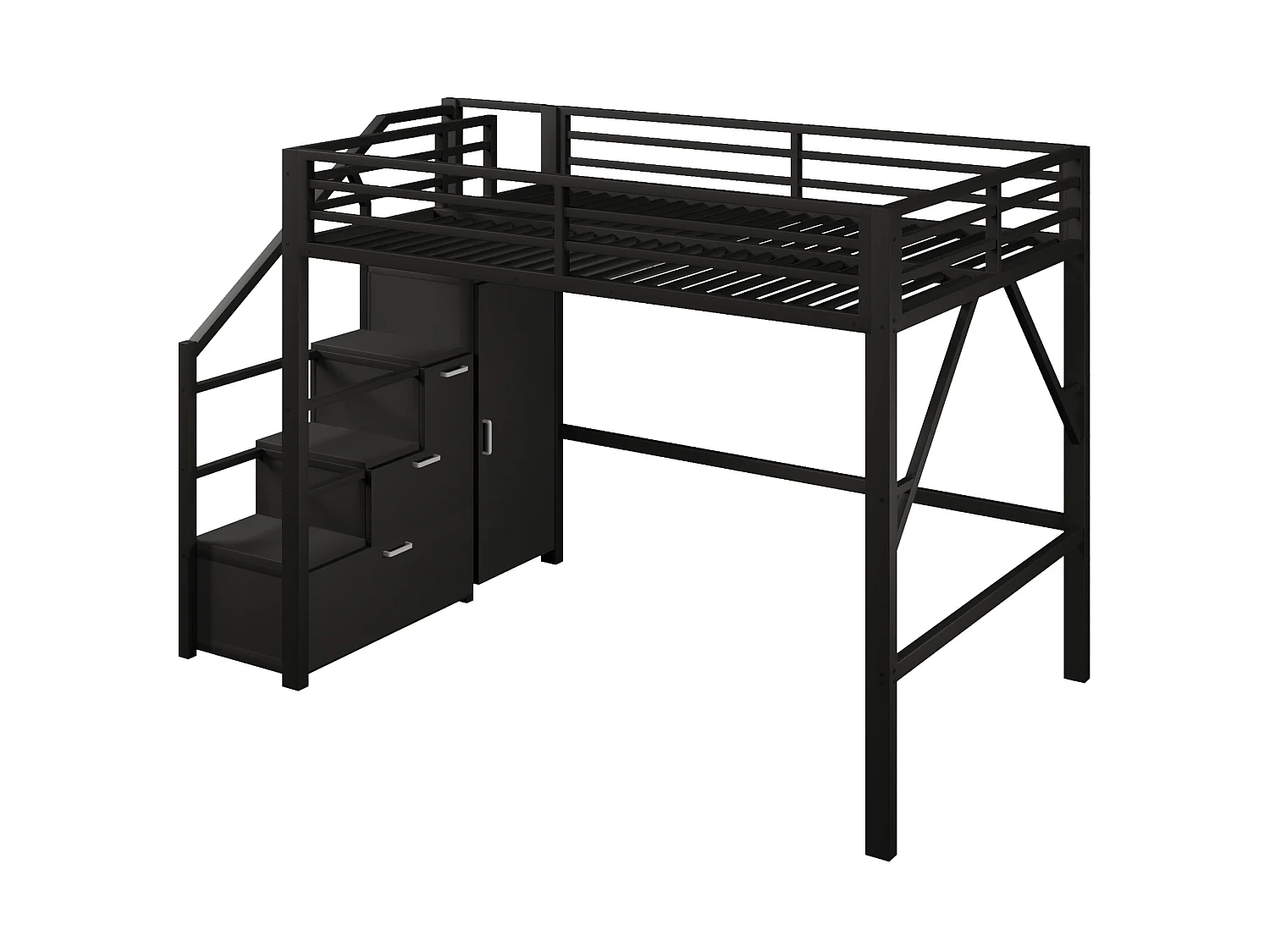Letto a soppalco per bambini 140x200 cm con contenitore e armadio - Metallo e legno MDF - Nero