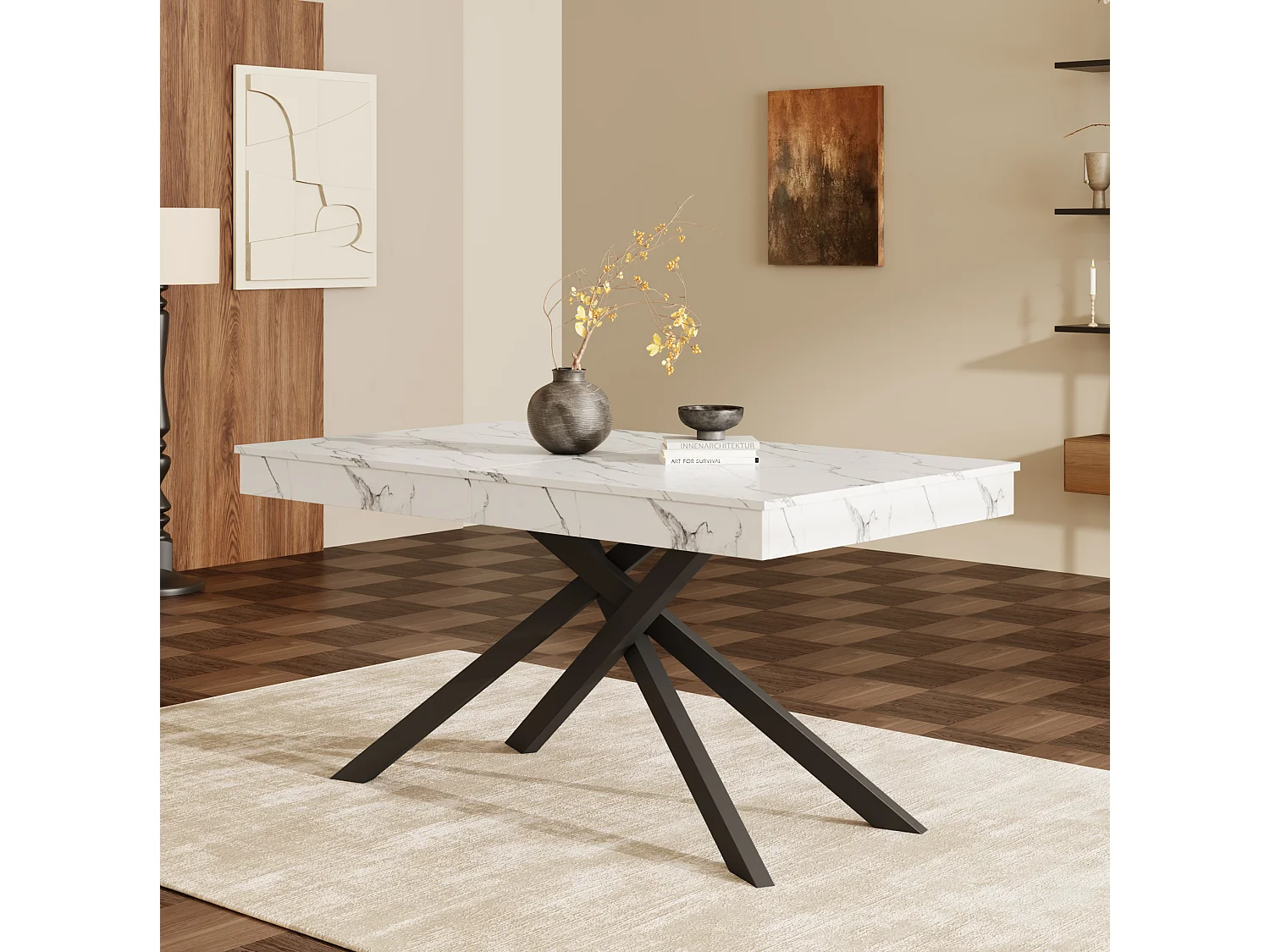 Table à manger extensible 140/180 x 80 cm blanc avec pieds en métal - Plateau effet marbre