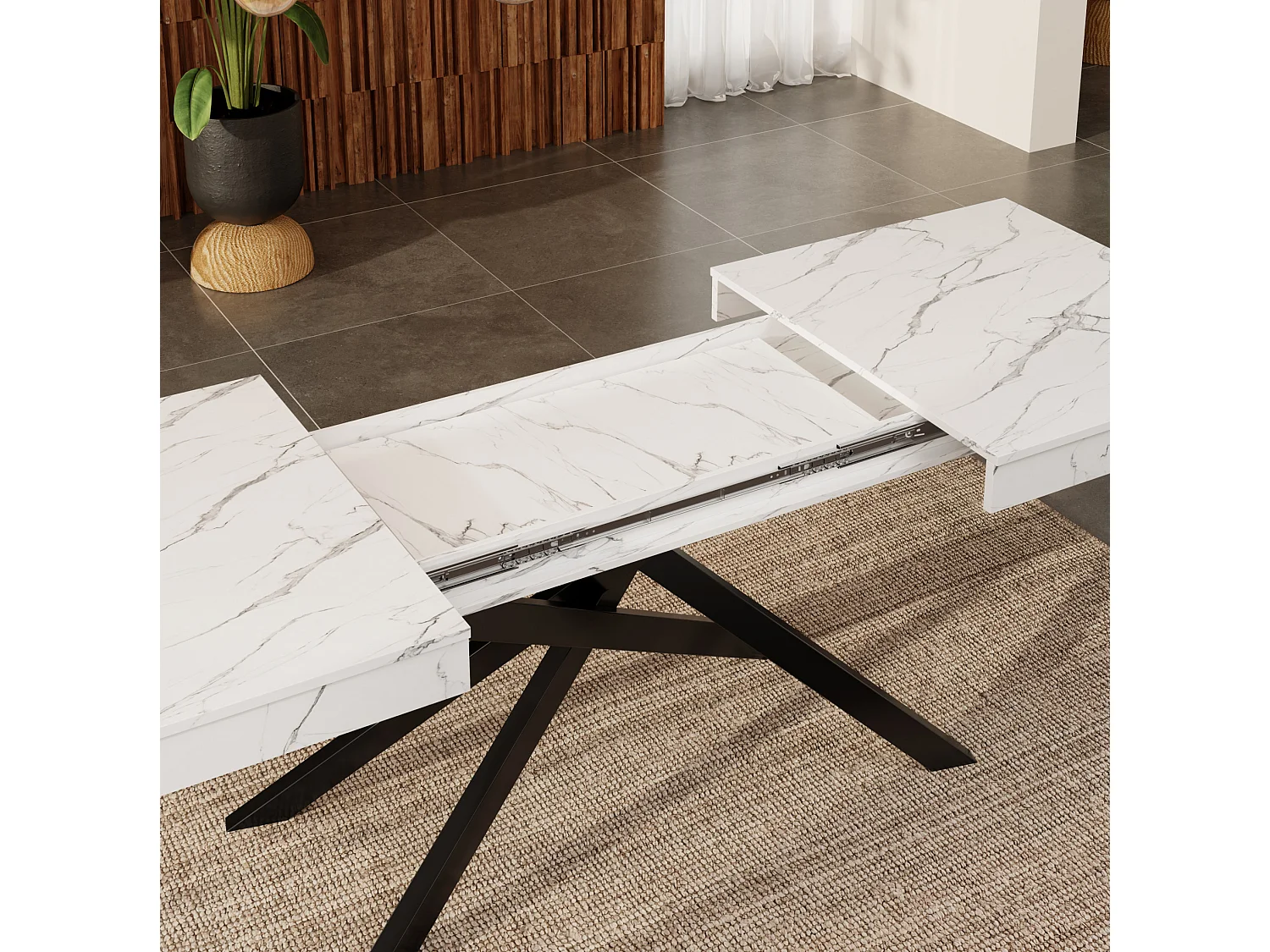 Table à manger extensible 140/180 x 80 cm blanc avec pieds en métal - Plateau effet marbre