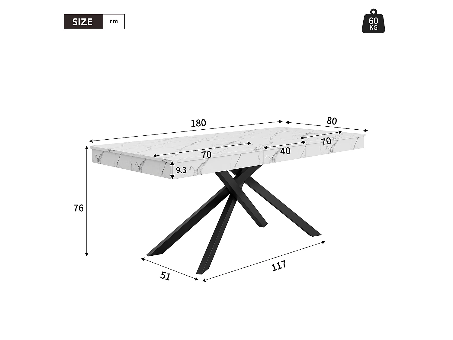 Table à manger extensible 140/180 x 80 cm blanc avec pieds en métal - Plateau effet marbre