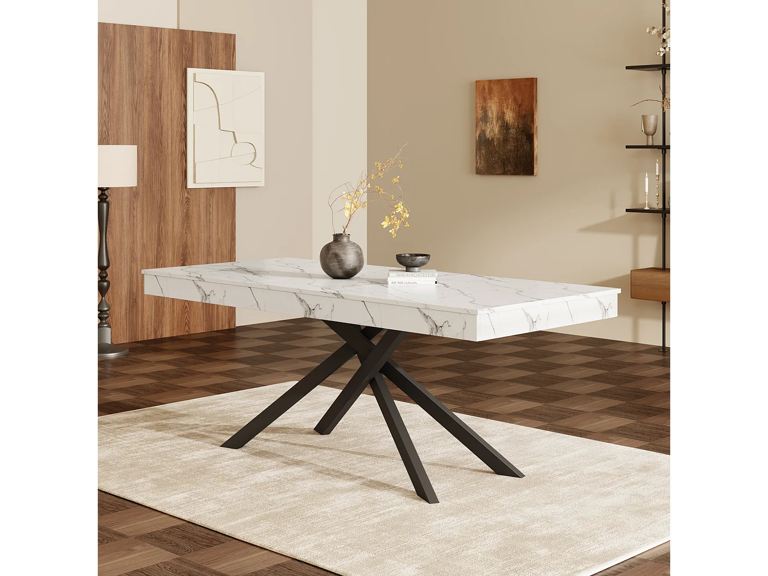 Table à manger extensible 140/180 x 80 cm blanc avec pieds en métal - Plateau effet marbre