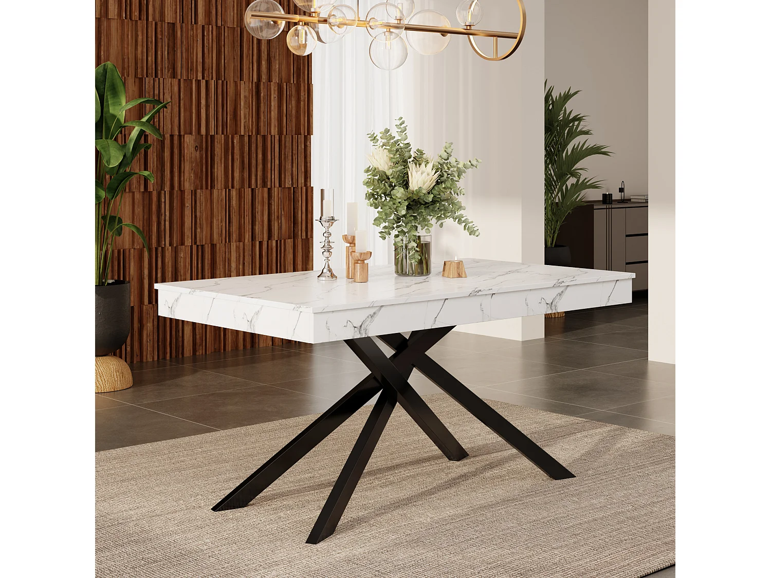 Table à manger extensible 140/180 x 80 cm blanc avec pieds en métal - Plateau effet marbre