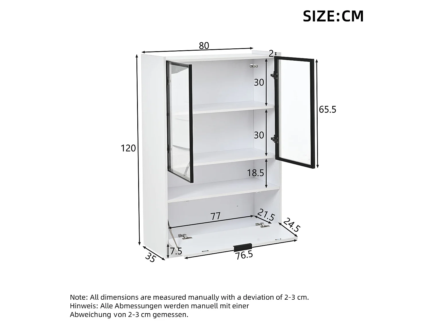 Vitrine LED blanc 80 x 35 x 120 cm avec portes vitrées