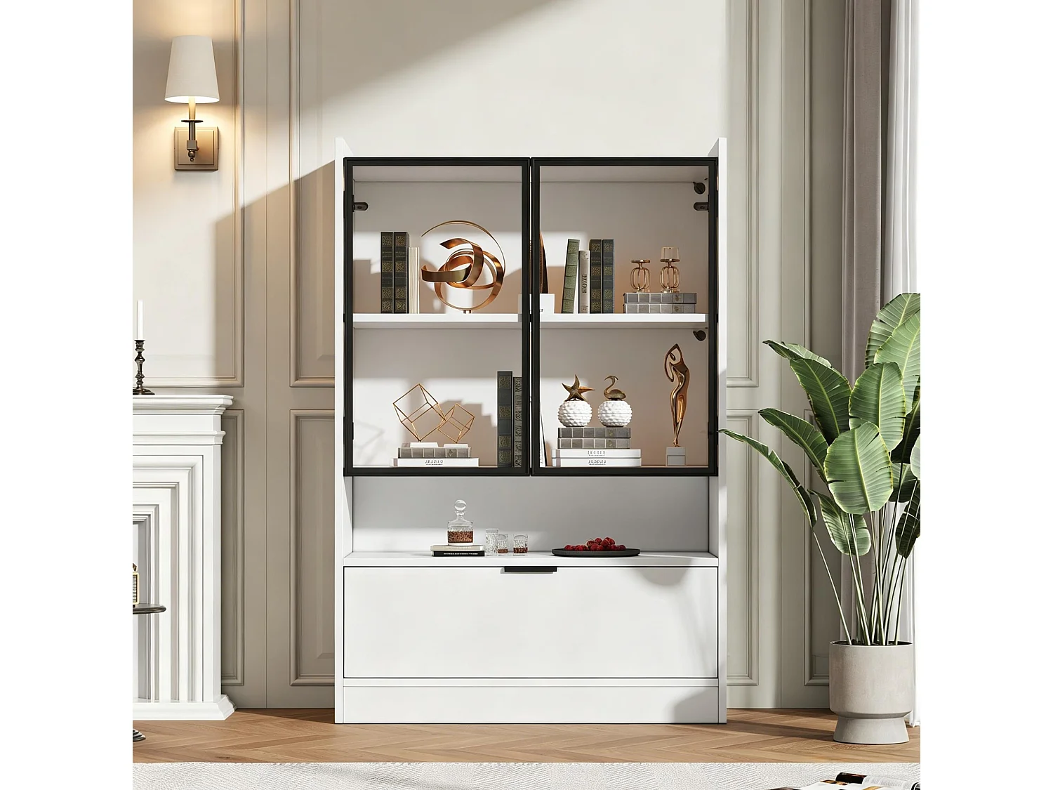 Vitrine LED blanc 80 x 35 x 120 cm avec portes vitrées