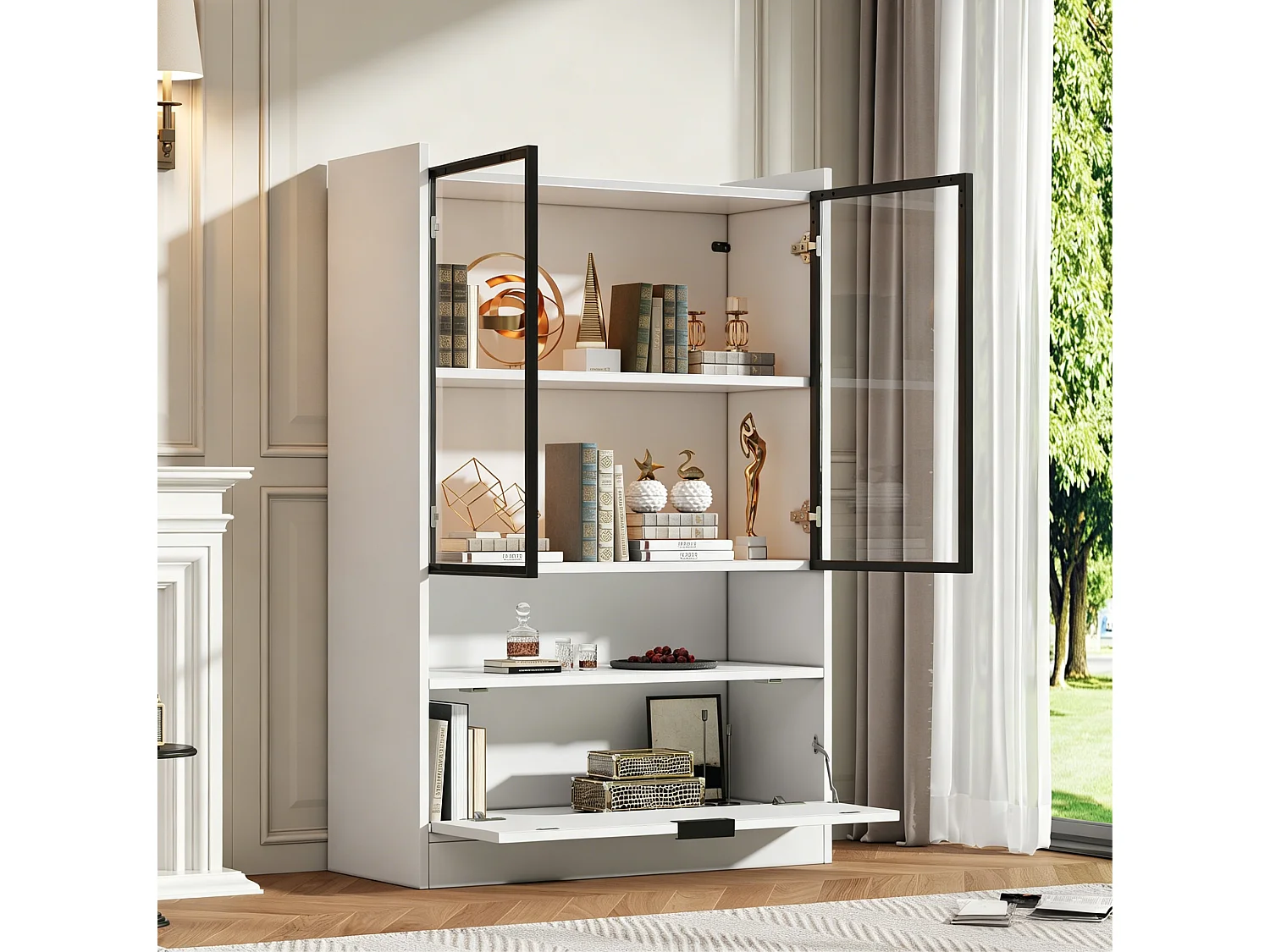 Vitrine LED blanc 80 x 35 x 120 cm avec portes vitrées