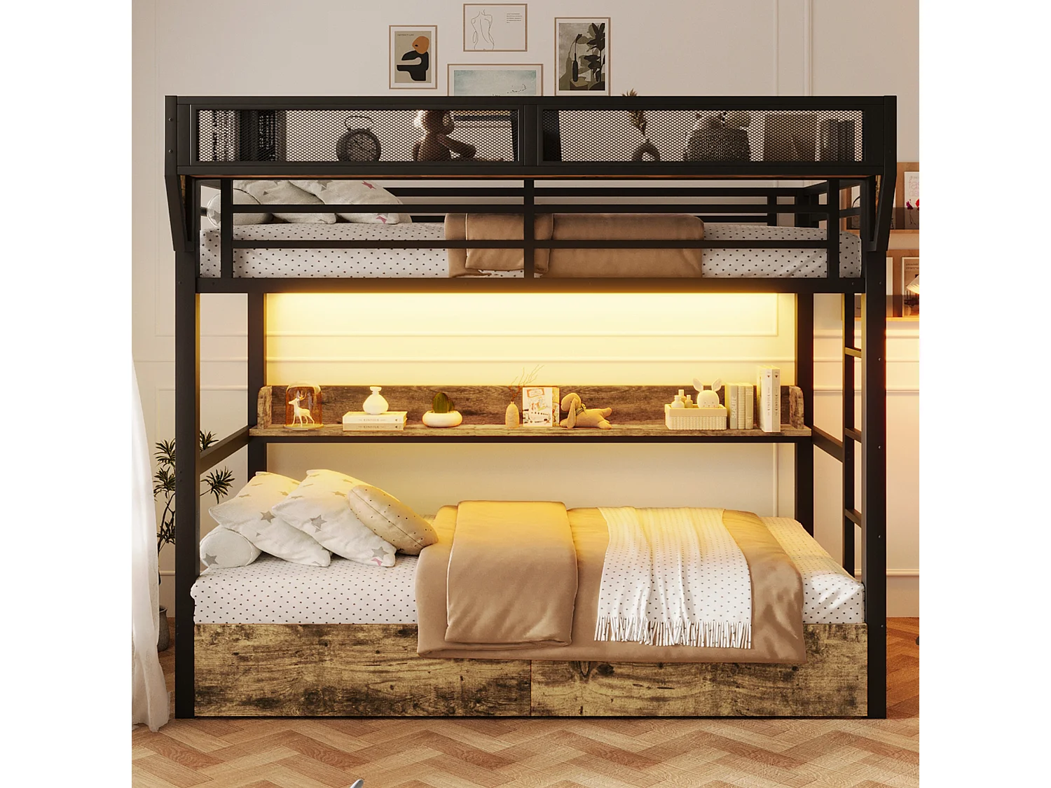 Lit superposé enfant 90 x 200 cm en métal avec 2 tiroirs , LED et étagère - Noir
