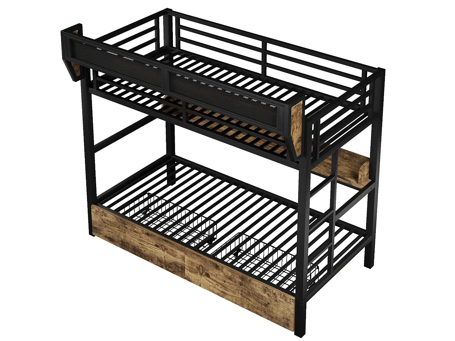Lit superposé enfant 90 x 200 cm en métal avec 2 tiroirs , LED et étagère - Noir