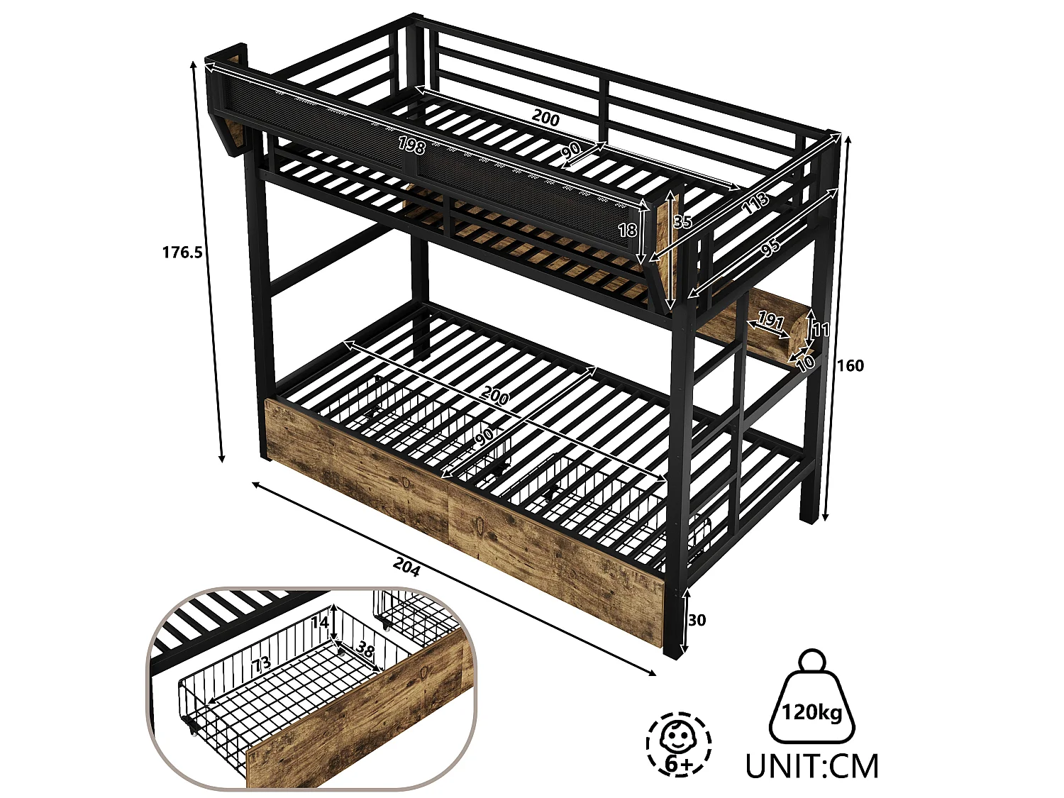 Lit superposé enfant 90 x 200 cm en métal avec 2 tiroirs , LED et étagère - Noir