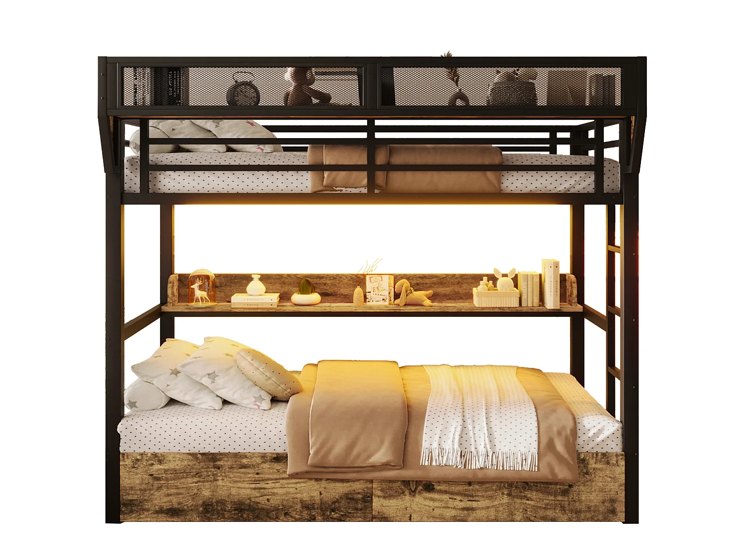 Lit superposé enfant 90 x 200 cm en métal avec 2 tiroirs , LED et étagère - Noir