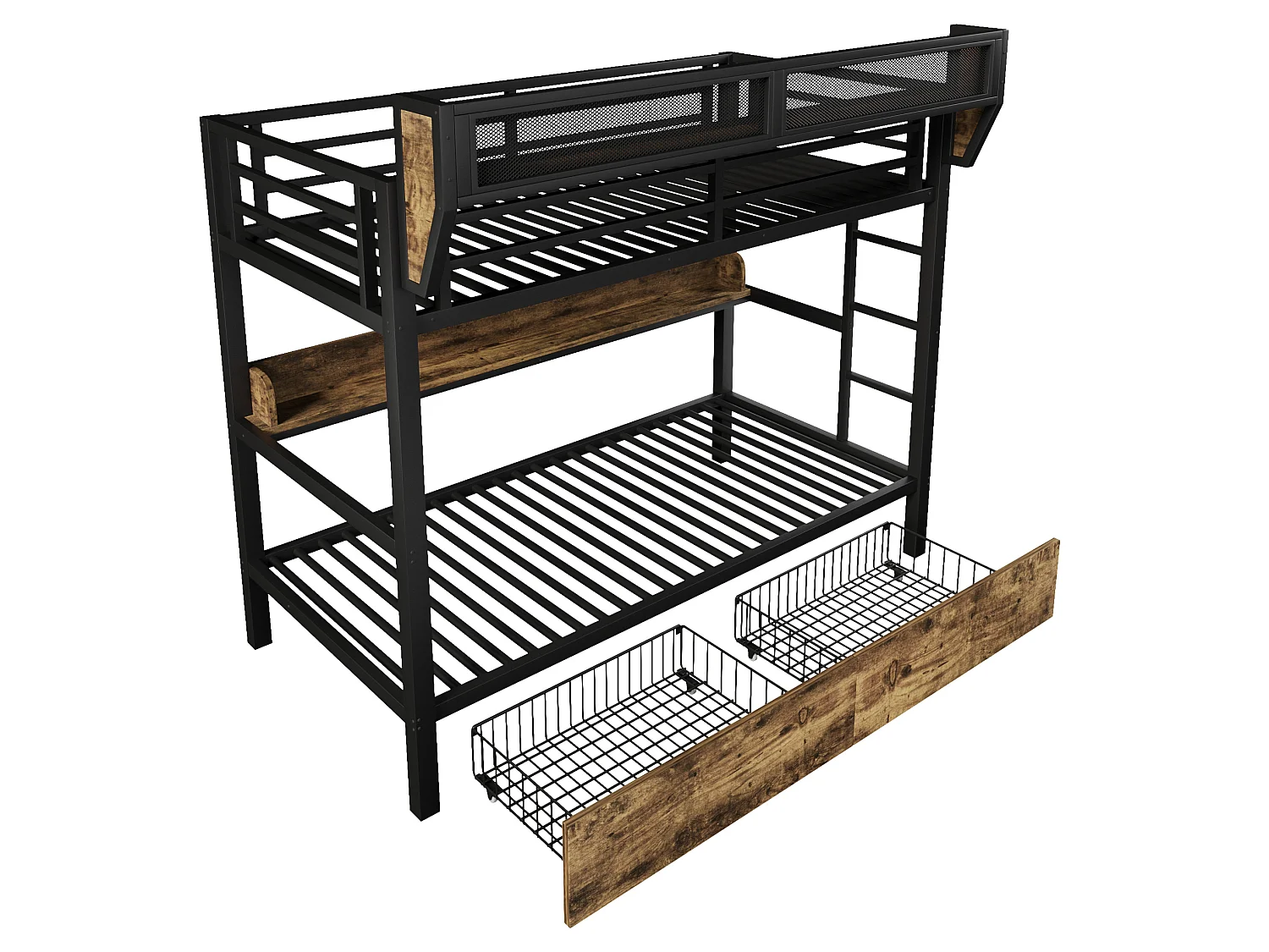 Lit superposé enfant 90 x 200 cm en métal avec 2 tiroirs , LED et étagère - Noir