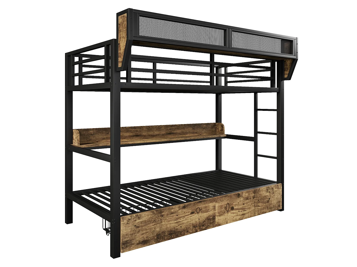 Lit superposé enfant 90 x 200 cm en métal avec 2 tiroirs , LED et étagère - Noir