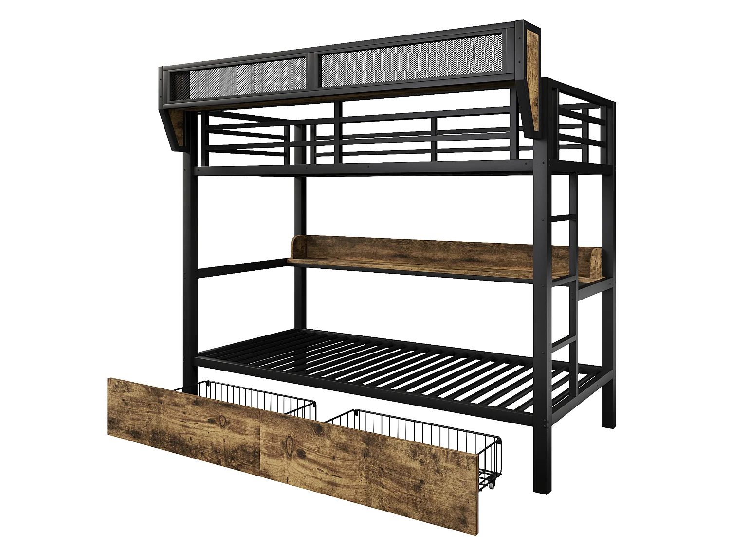 Lit superposé enfant 90 x 200 cm en métal avec 2 tiroirs , LED et étagère - Noir