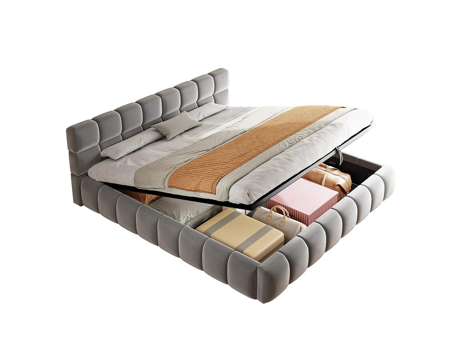 Opbergbed voor volwassenen 180 x 200 cm met LED-verlichting - Tweepersoonsbed in grijs fluweel