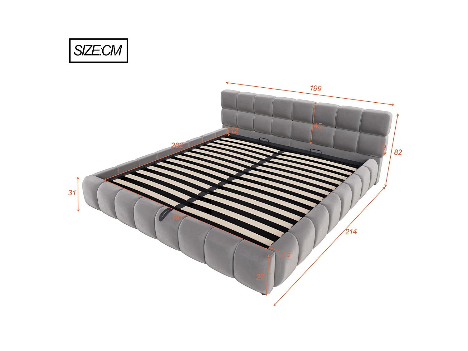Opbergbed voor volwassenen 180 x 200 cm met LED-verlichting - Tweepersoonsbed in grijs fluweel