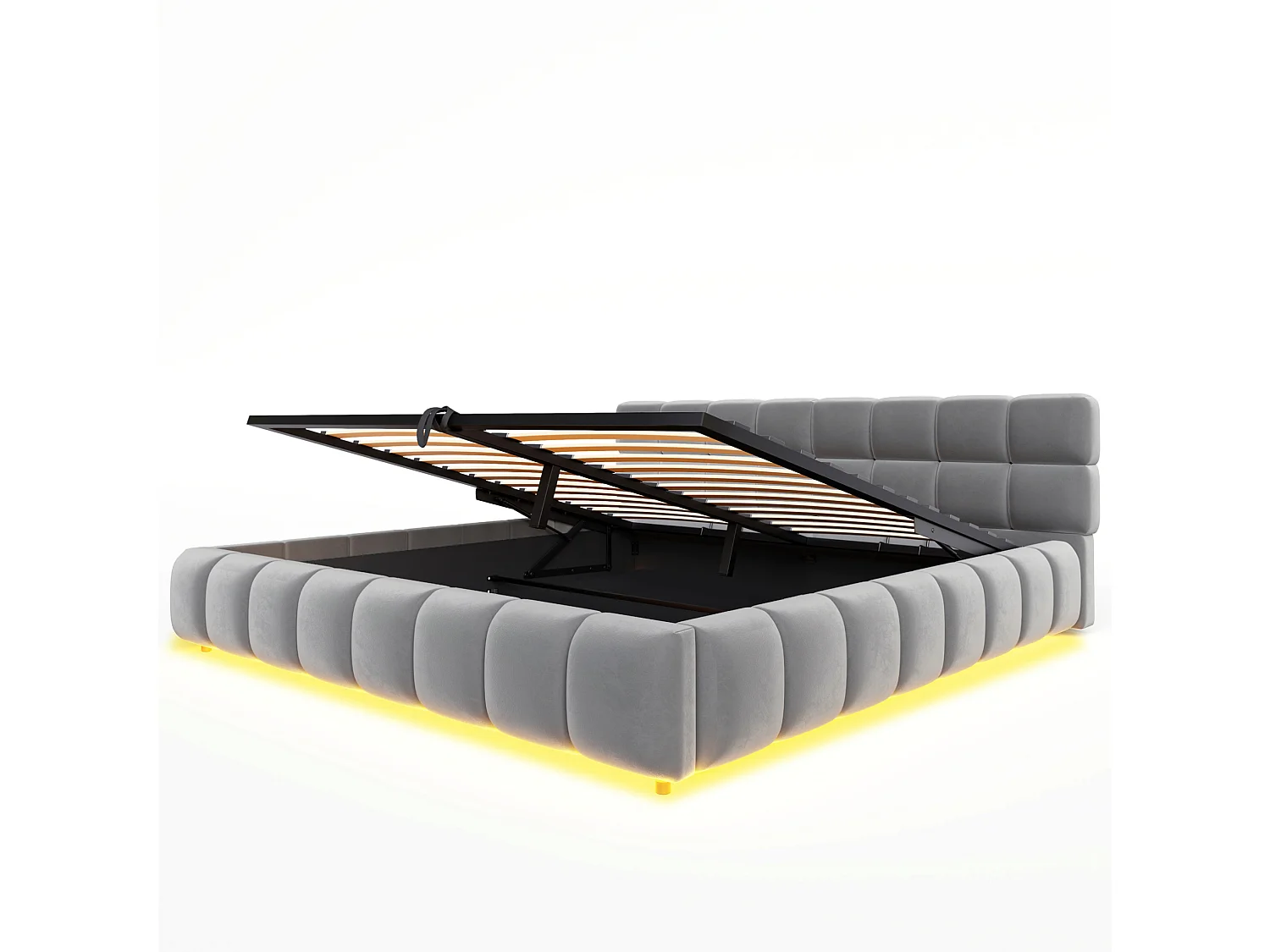 Opbergbed voor volwassenen 180 x 200 cm met LED-verlichting - Tweepersoonsbed in grijs fluweel