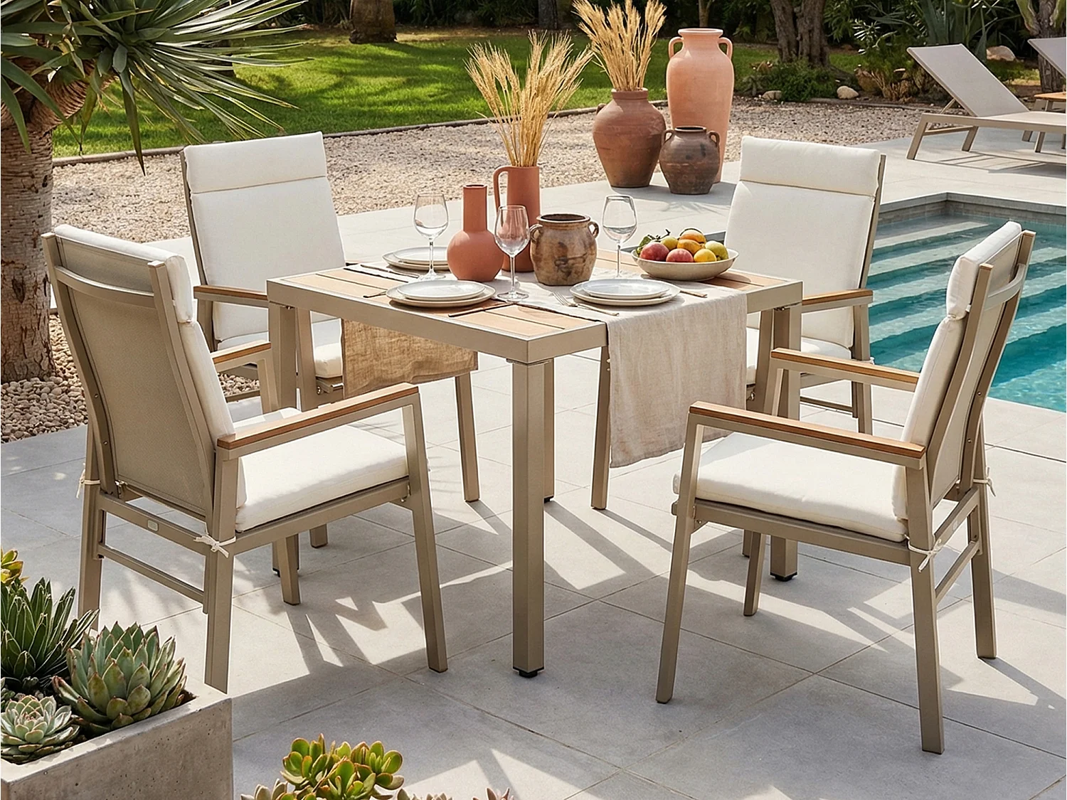 Set da pranzo da giardino color kaki e beige: 4 sedie e 1 tavolo 84x84 cm - Poliestere e acciaio
