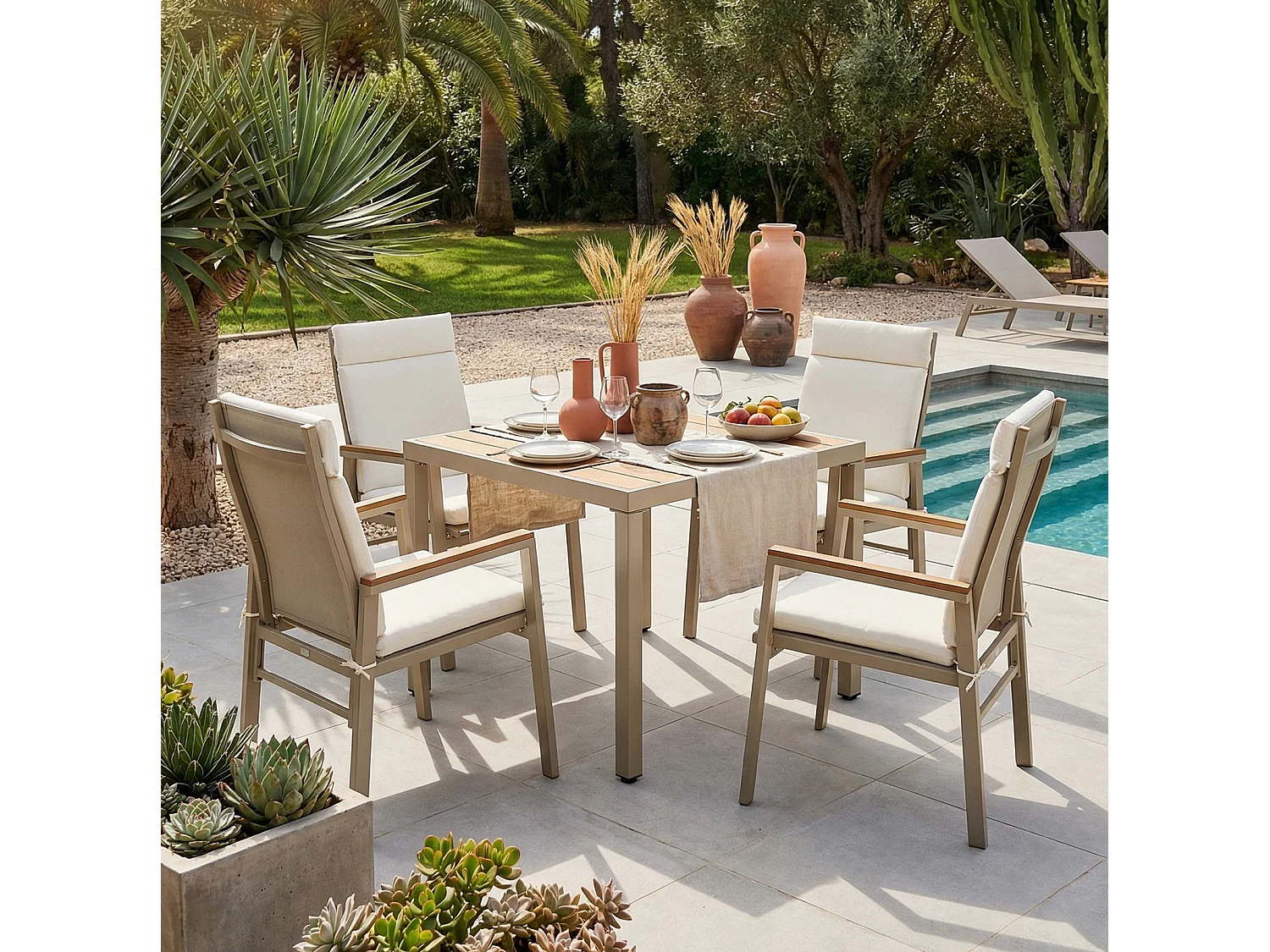 Set da pranzo da giardino color kaki e beige: 4 sedie e 1 tavolo 84x84 cm - Poliestere e acciaio