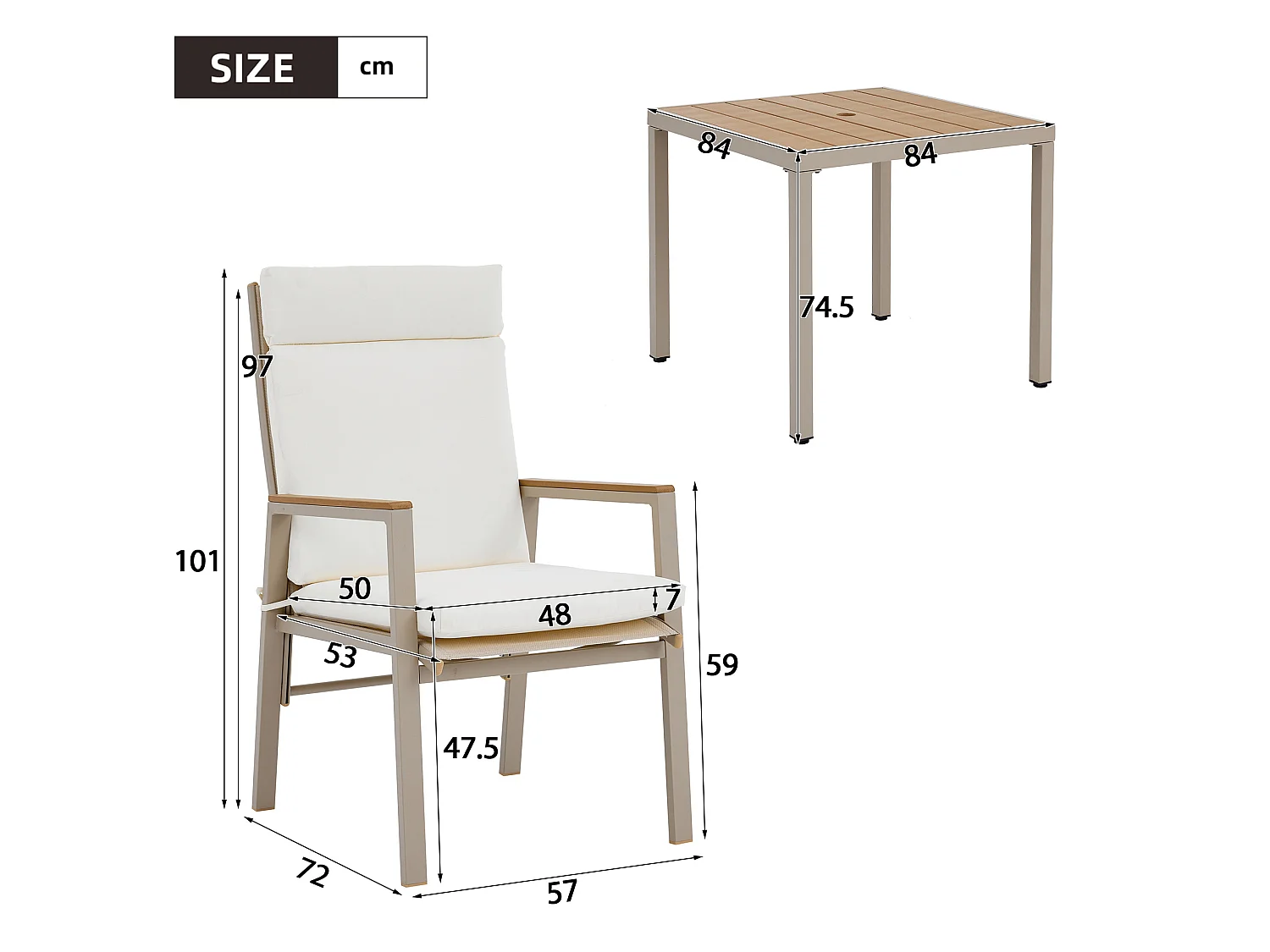 Set da pranzo da giardino color kaki e beige: 4 sedie e 1 tavolo 84x84 cm - Poliestere e acciaio
