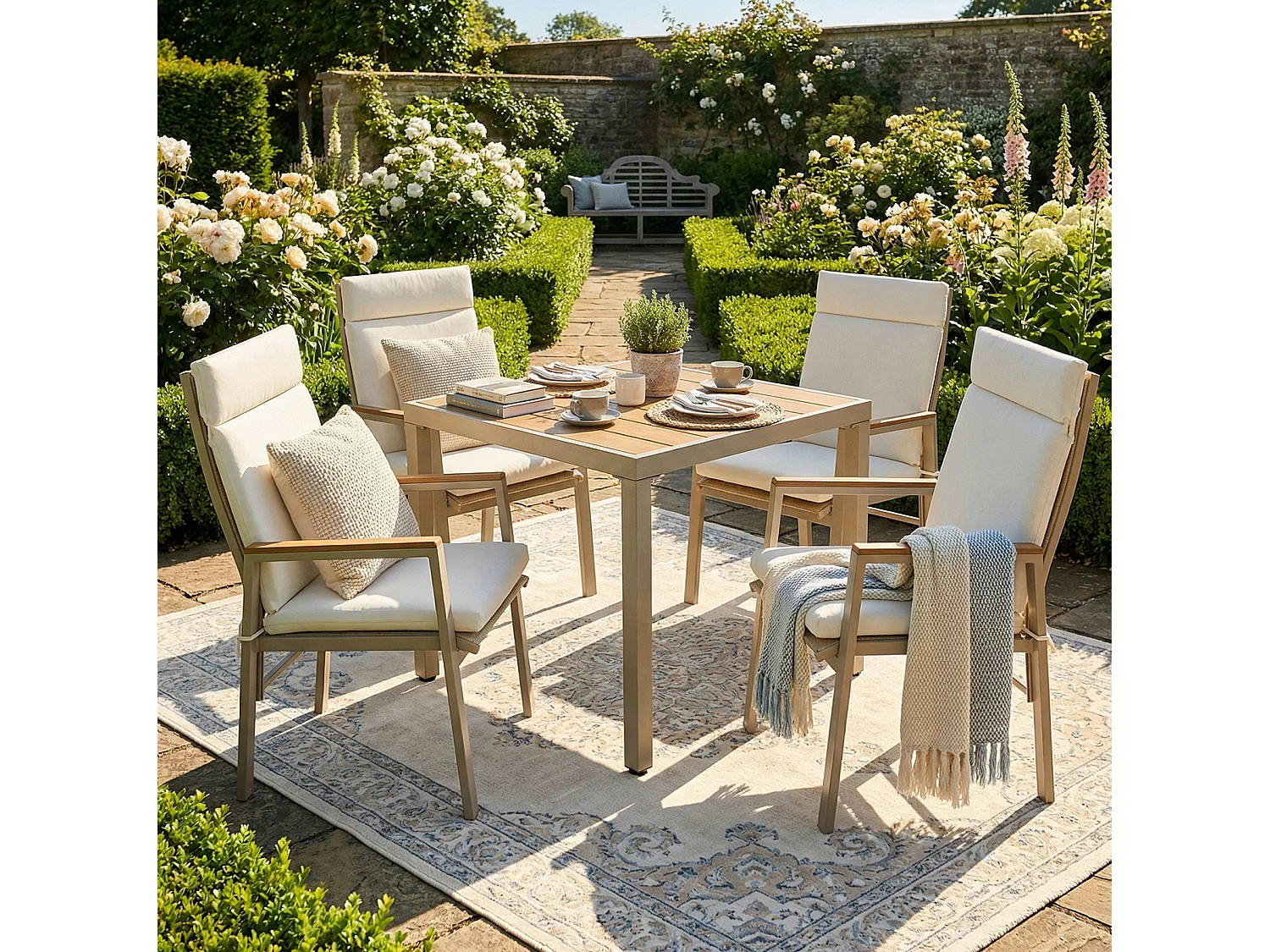 Set da pranzo da giardino color kaki e beige: 4 sedie e 1 tavolo 84x84 cm - Poliestere e acciaio