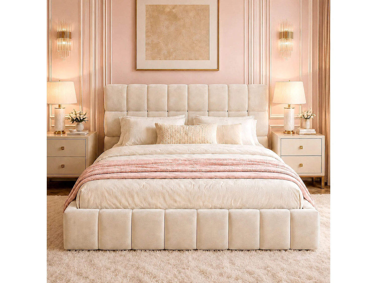 Lit adulte 140 x 190 cm avec dossier moelleux - Velours beige (Sans matelas)