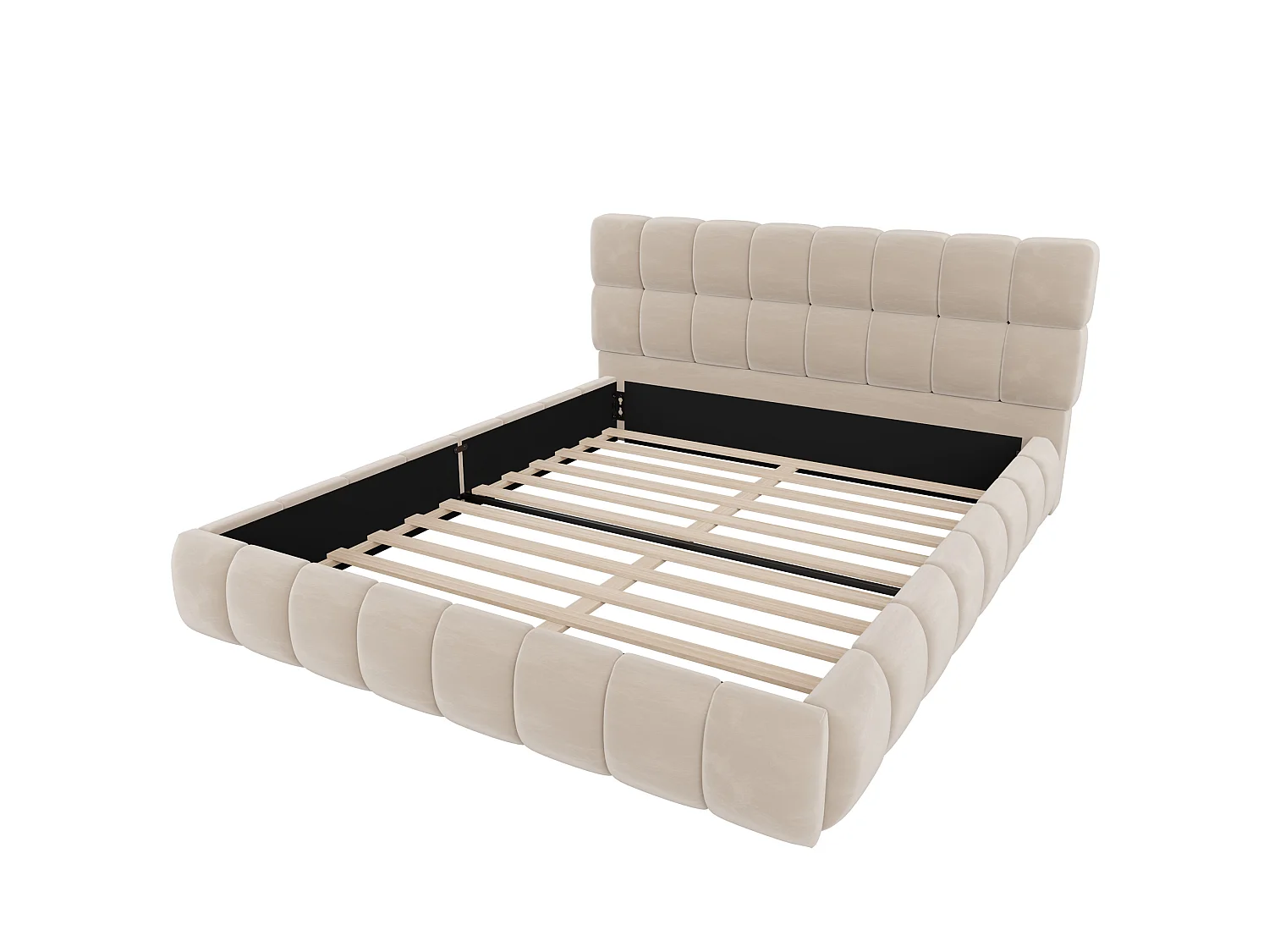 Lit adulte 140 x 190 cm avec dossier moelleux - Velours beige (Sans matelas)