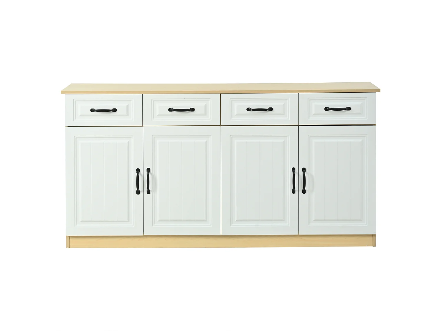 Buffet à 4 tiroirs et 4 portes 160 x 35 x 80 cm - Design rainuré - Blanc et bois naturel