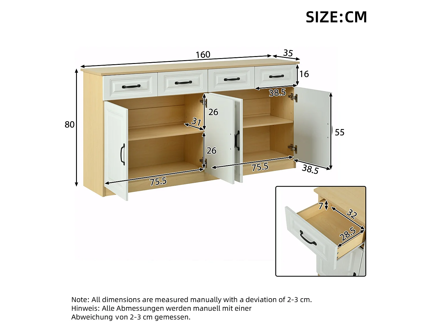 Buffet à 4 tiroirs et 4 portes 160 x 35 x 80 cm - Design rainuré - Blanc et bois naturel