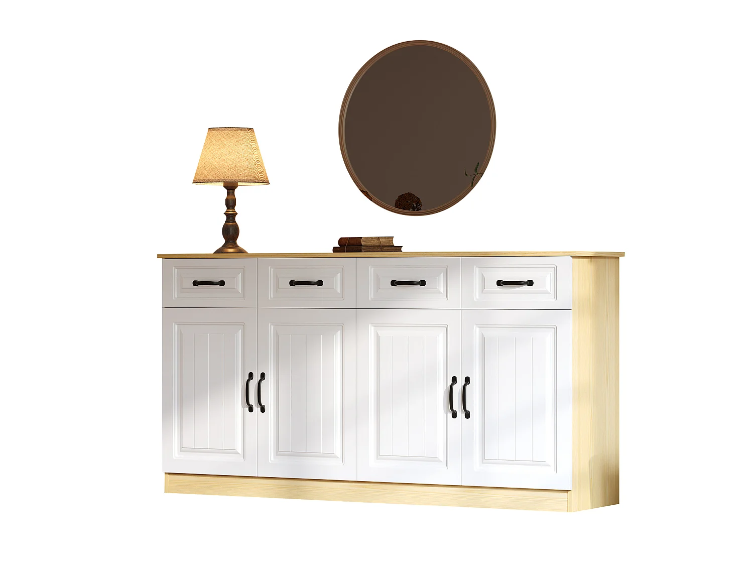 Buffet à 4 tiroirs et 4 portes 160 x 35 x 80 cm - Design rainuré - Blanc et bois naturel