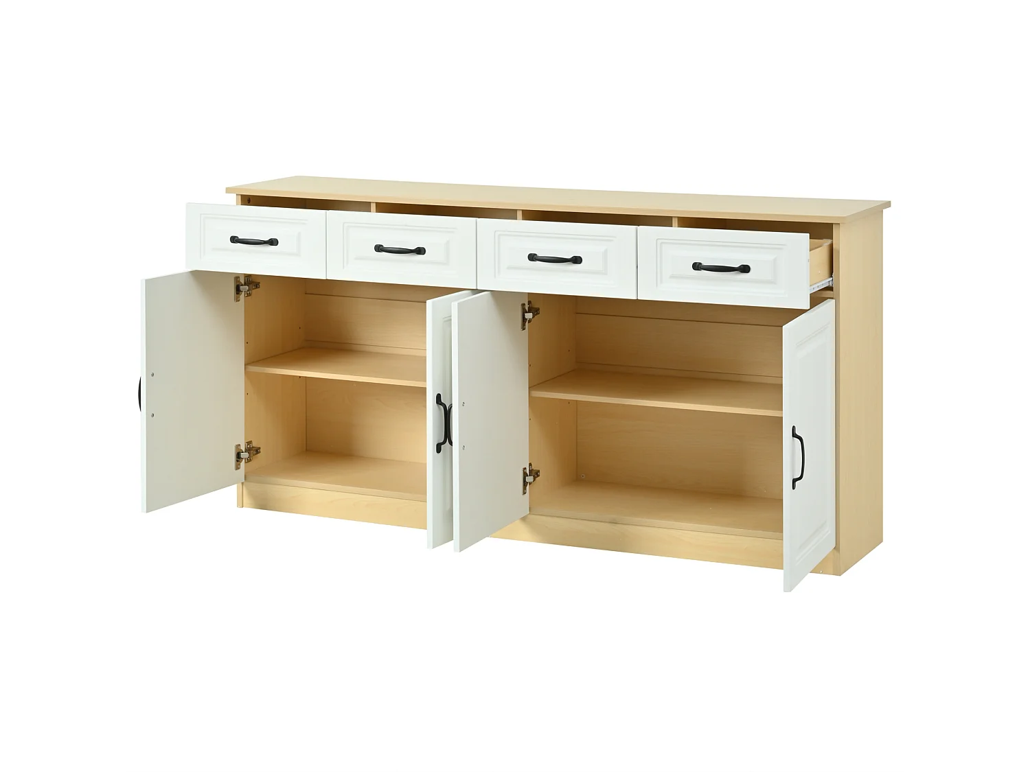 Buffet à 4 tiroirs et 4 portes 160 x 35 x 80 cm - Design rainuré - Blanc et bois naturel