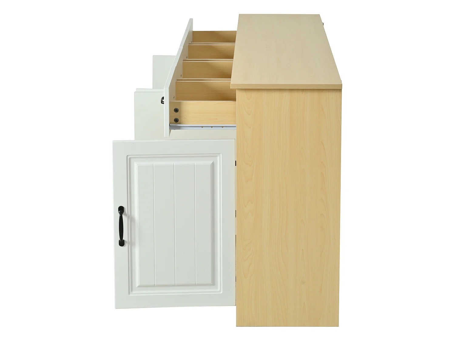 Buffet à 4 tiroirs et 4 portes 160 x 35 x 80 cm - Design rainuré - Blanc et bois naturel