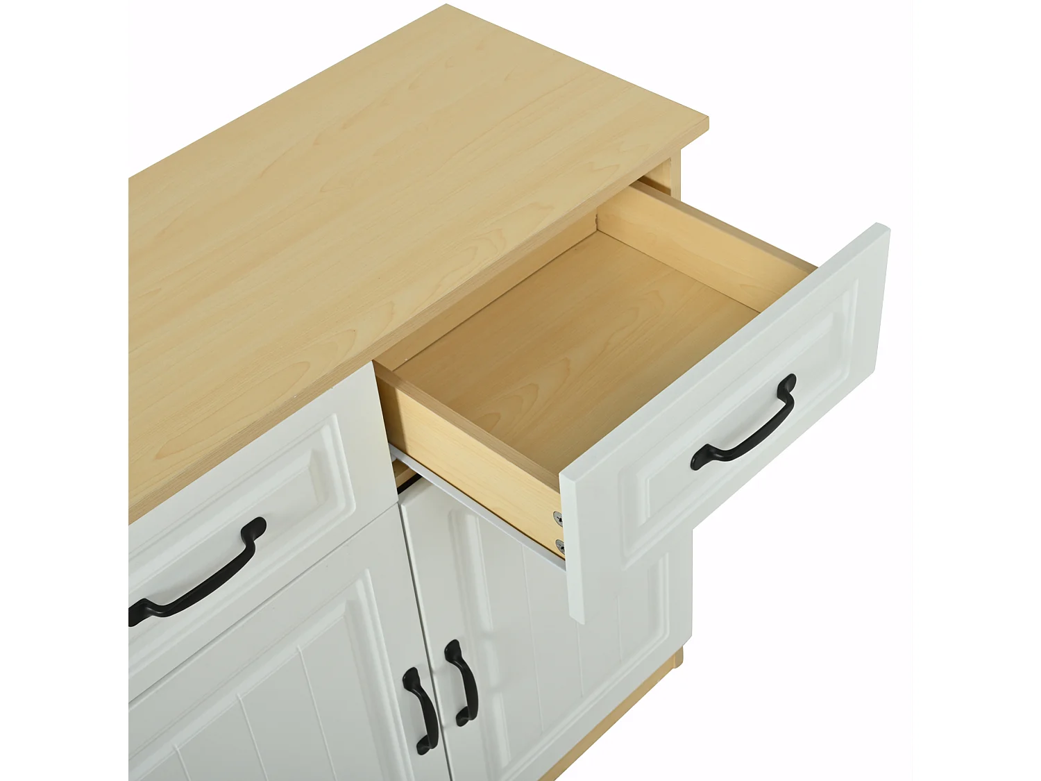 Buffet à 4 tiroirs et 4 portes 160 x 35 x 80 cm - Design rainuré - Blanc et bois naturel