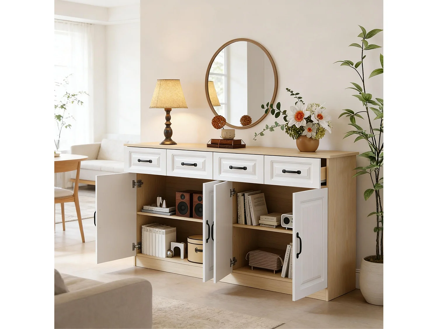 Buffet à 4 tiroirs et 4 portes 160 x 35 x 80 cm - Design rainuré - Blanc et bois naturel