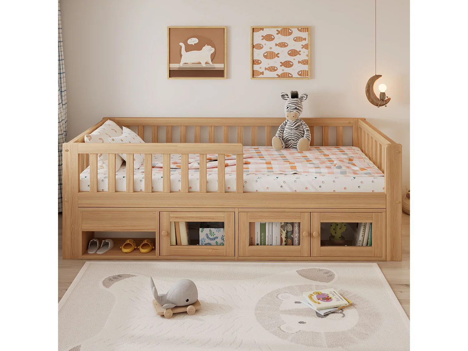 Lit enfant en bois 90 x 200 cm rangement et barrière de sécurité - Couleur bois