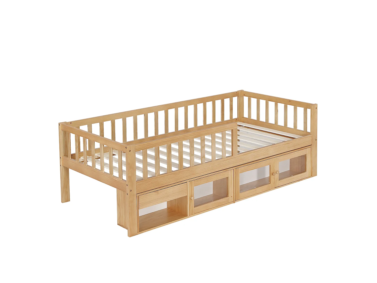 Lit enfant en bois 90 x 200 cm rangement et barrière de sécurité - Couleur bois
